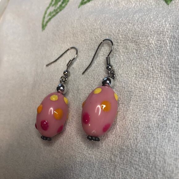 Pink Pastel Polka Dotted Lampwork Bead Earrings Dangle NWT - Picture 4 of 6